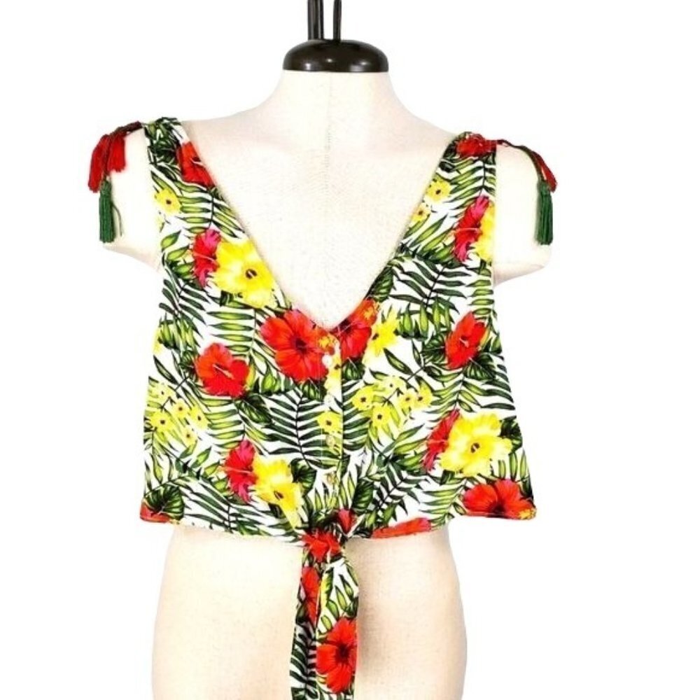 Crop tank Hawaiian floral print with tassel detail